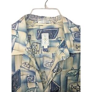 Burma Bibas Mens Shirt L Lawn Cloth Cotton Fish Print Hawaiian Beach Seaside VTG